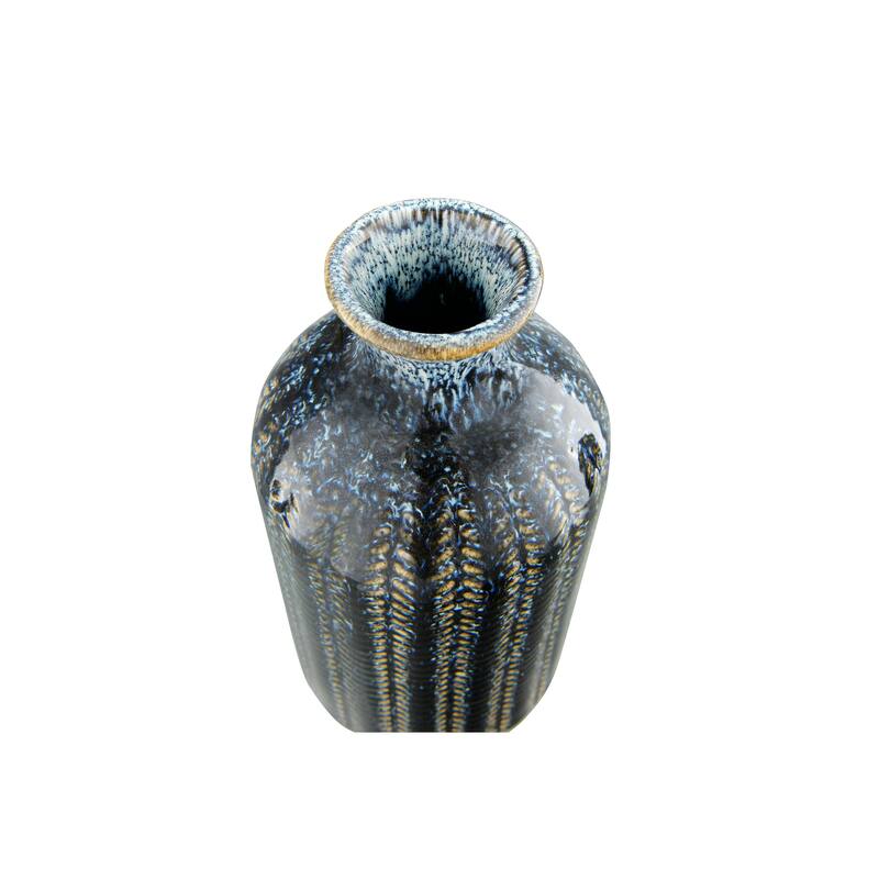 Embossed Stoneware Vase with Vertical Lines and Reactive Glaze Finish