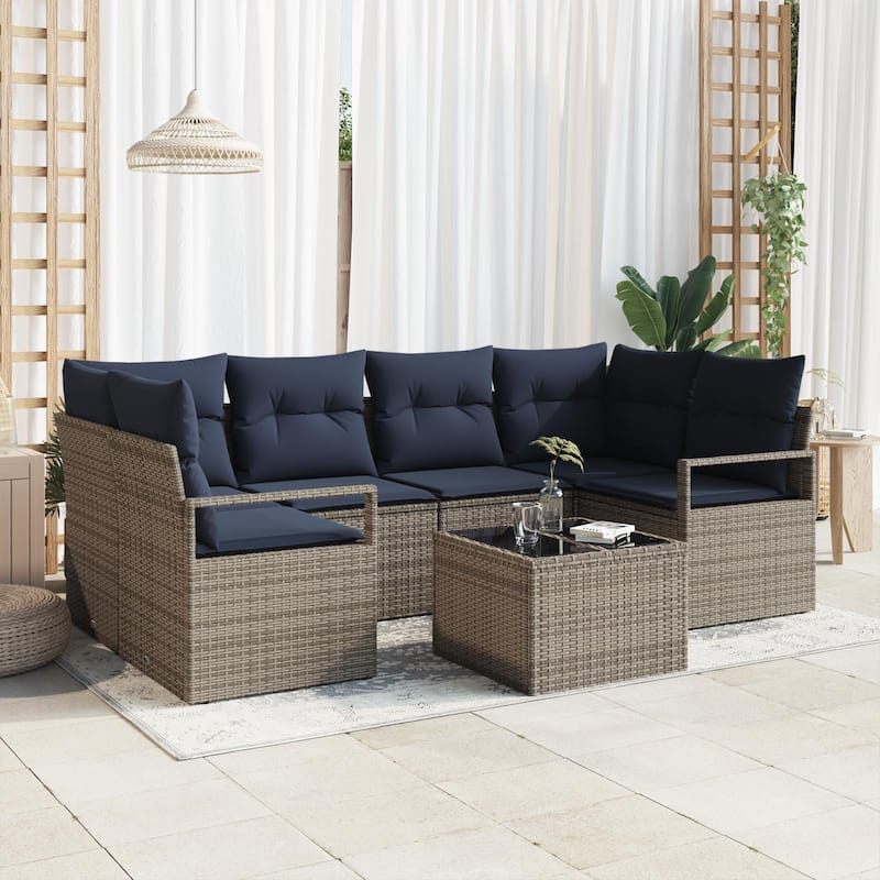 vidaXL 7 Garden Sofa Set with Cushions Black/Brown/Grey Poly Rattan - 92.1 x 48 x 27.2 - Grey