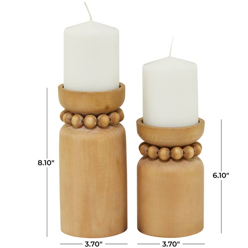 Brown or White Wood Beaded Pillar Candle Holder (Set of 2)