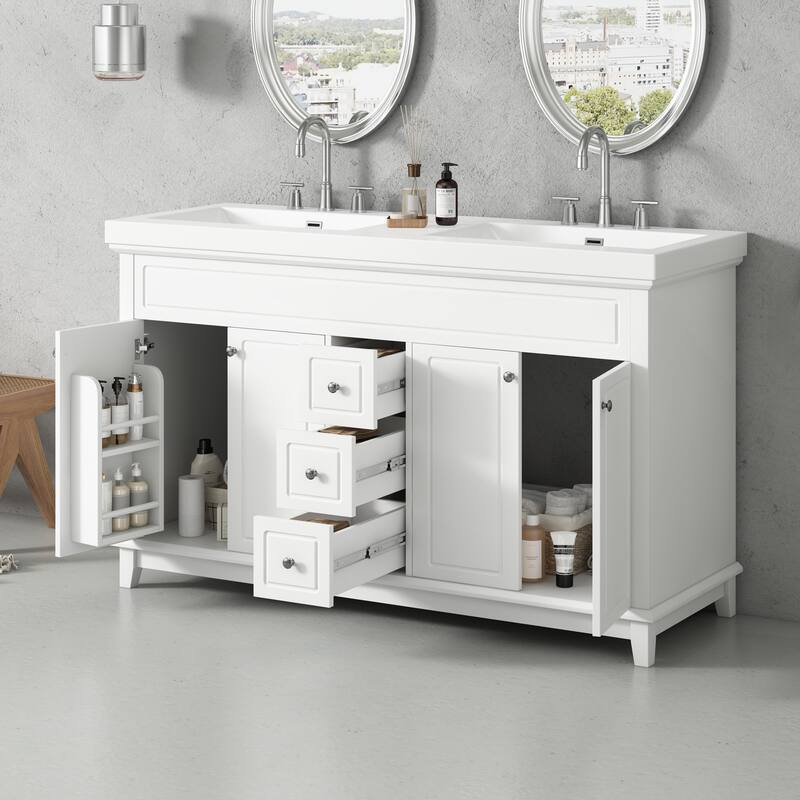 Roomfitters 60" Double Bathroom Vanity with Integrated Resin Double Sinks, 3 Drawers and 4 Doors with Shelving, White