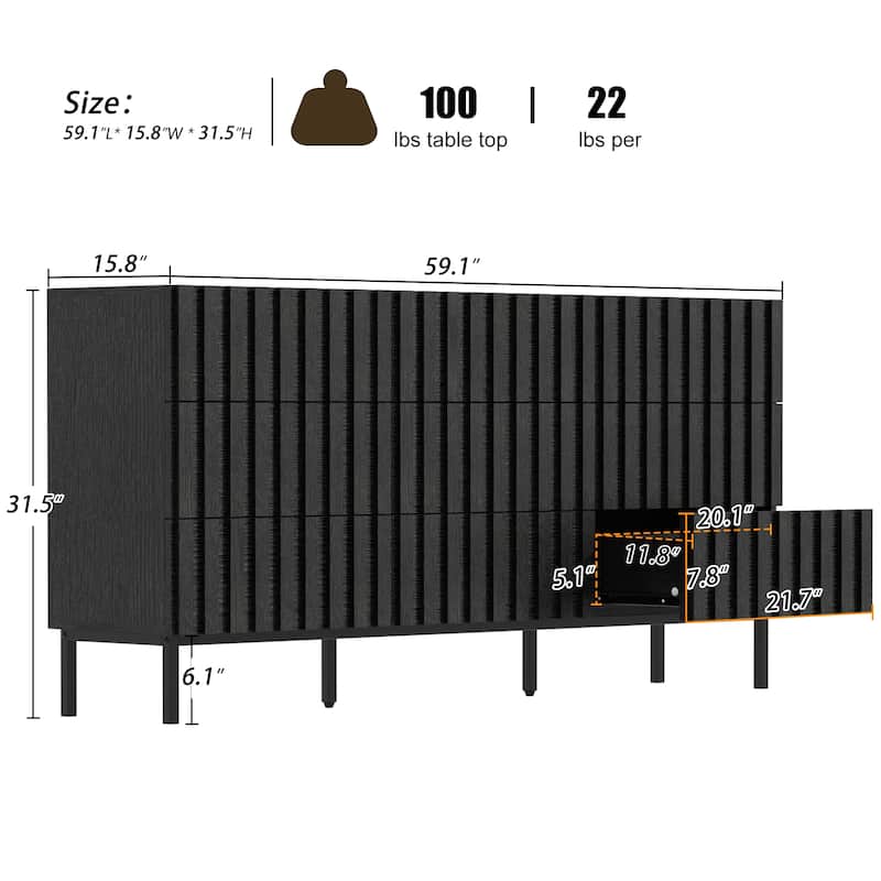 59" W 9-Drawer Storage Cabinet Mid-Century Dresser