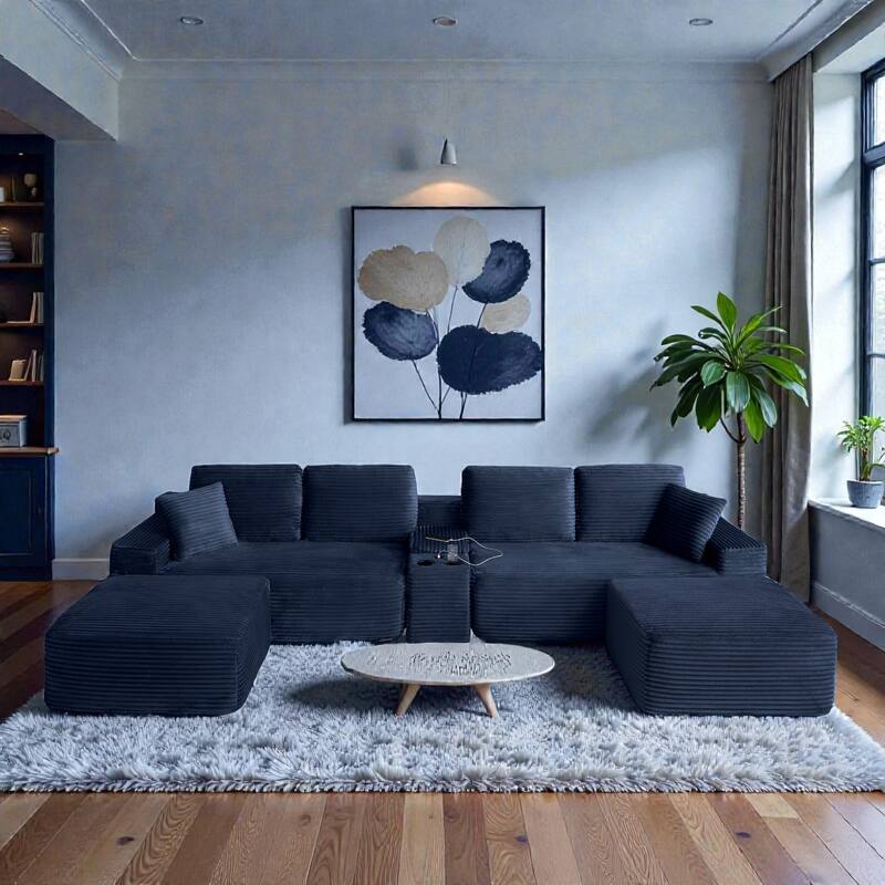 125" L Shaped Sectional Sofa with 2 Ottomans, Cloud Corduroy Couch with Deep Seat, Cup Holders and USB Ports