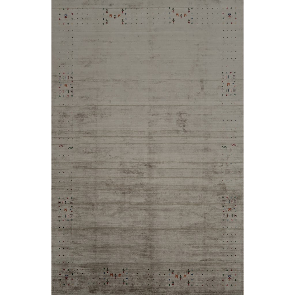 Hand Knotted Oriental 100% Wool Carpet Tribal Animal Pictorial Beige & Ivories Gabbeh Area Rug - 12' 4'' X 9' 4''