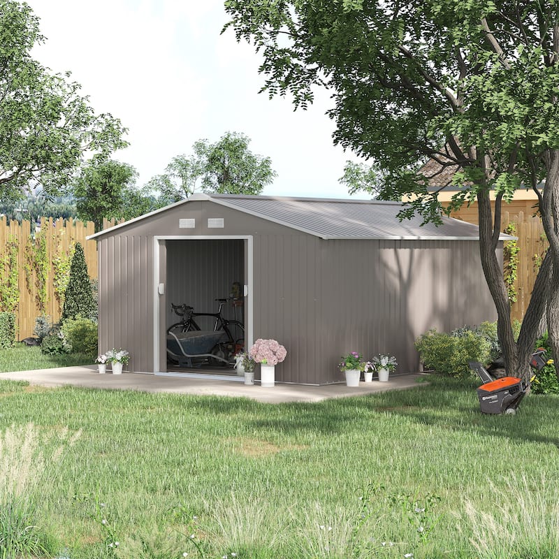 Outsunny 11' x 12.6' Outdoor Storage Shed Organizer, Garden Tool house with Floor Foundation, 4 Vents and 2 Easy Sliding Doors