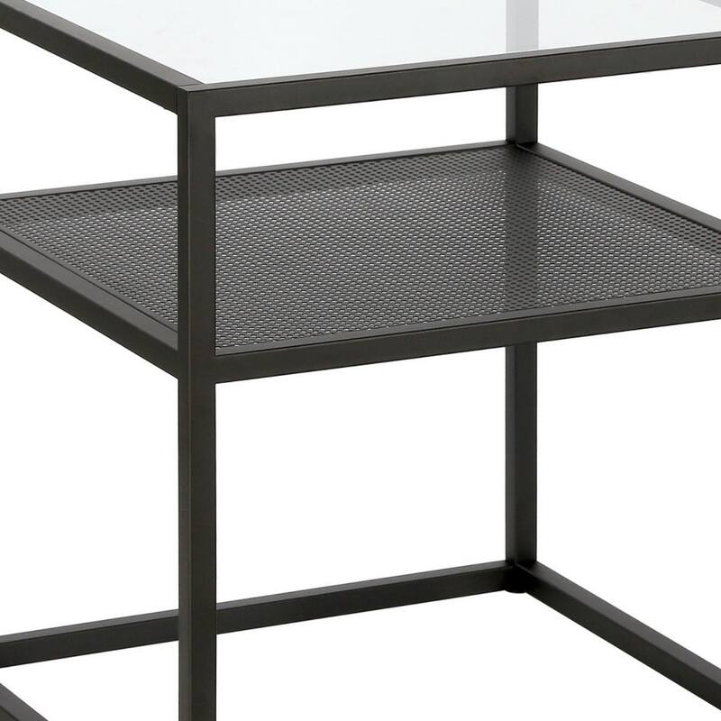 Modern Square Glass End Table with Black Steel Frame Bronze Finish Accent Table with Shelf & Storage - 20"W x 20"D x 22"H