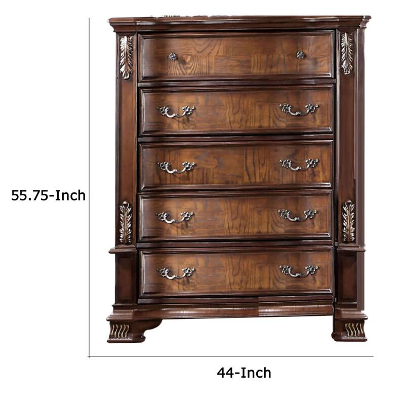Prio Tall Dresser Chest, 5 Drawers, Classic Wood Carved, Cherry Brown