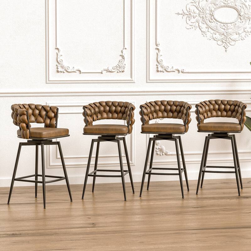 Counter Height Bar Stools Set of 2, Swivel Bar Stools with Woven Back, Kitchen Island Chairs with Footrest and Metal Frame