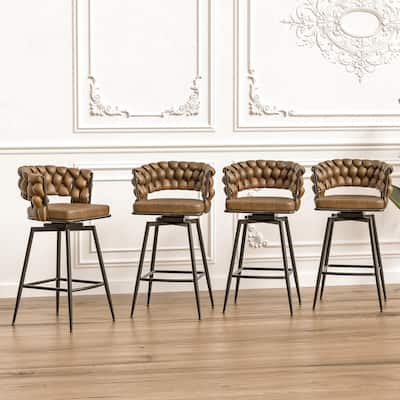 Linen Woven Bar Stool Set of 4,Golden legs No Adjustable Kitchen Island Chairs,360 Swivel Bar Stools with Back Footrest