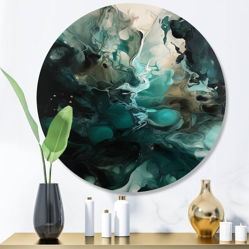 Designart "Green White Marbled Artistry III" Modern Geometric Metal Round Wall Art - 16x16 - Disc of 16 Inch