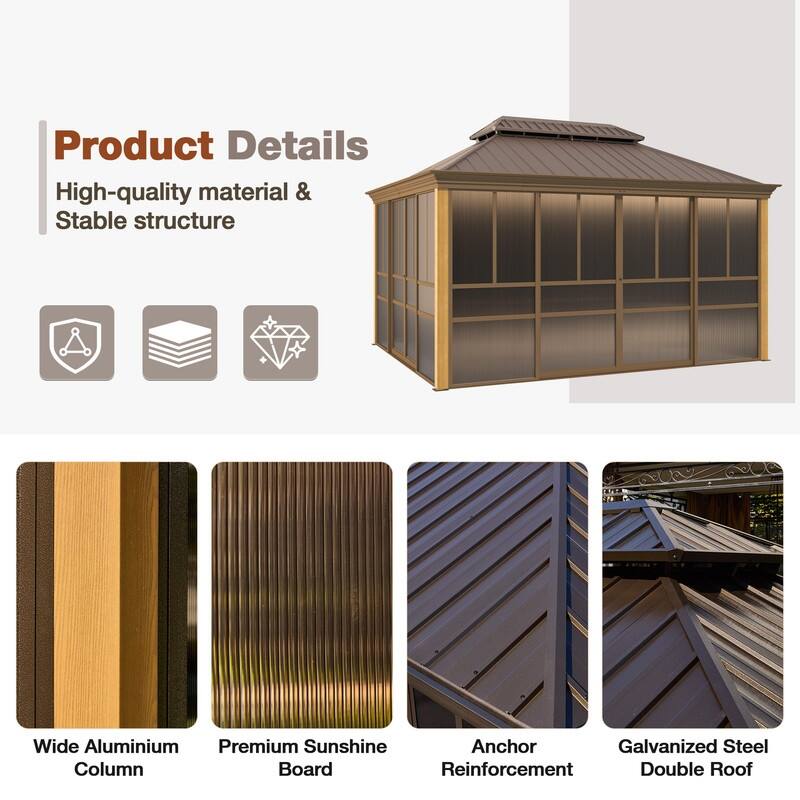 Outdoor Hardtop Sunroom Gazebo with Double Roof & Sliding Doors, All-Season Aluminum Outdoor Pergola, PE Screens&Lockable Design