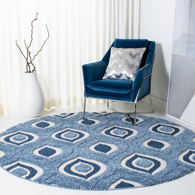 SAFAVIEH Florida Shag Bertille Geometric 1.2-inch Thick Rug - 6'7" x 6'7" Round - Blue/Ivory