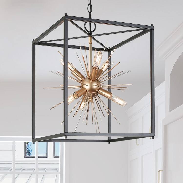 Twink Modern Black Gold 6-light Square Chandelier Starburst Pendant Light for Dining Room