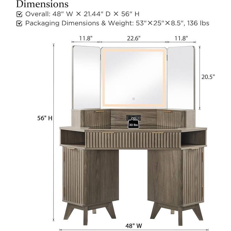 Modern Fluted Makeup Vanity Desk with 3 Way Mirror&Light, Vanity Table