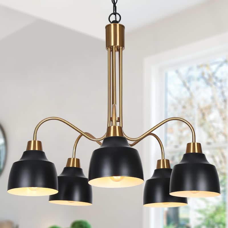 Mid-century Modern 5-Light Wheel Chandelier Black Gold Pendant for Dining Room Bedroom - Dia. 25.2" x H 22.4"