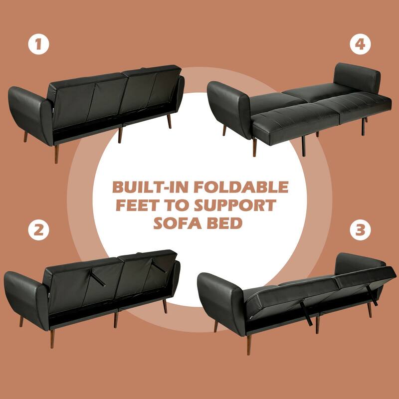 Gymax Convertible Futon Sofa Bed PU Adjustable Couch Sleeper w/Wood