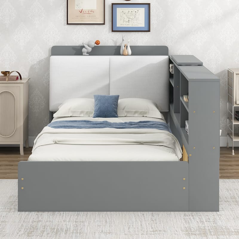 Antique Gray Twin Size Bed with Storage Headboard, Shelves, Drawers