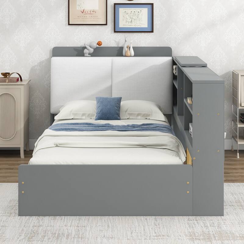 Twin Size Platform Bed with Storage Headboard, Shelves, and 2 Drawers in Gray