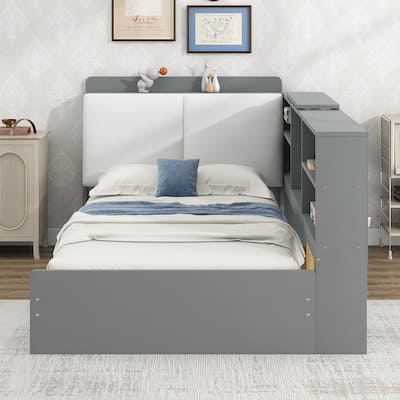 Wooden Platform Bed with Upholstery Headboard, Solid Pinewood Storage Captain Bed Frame with Bookshelves and 2 Drawers