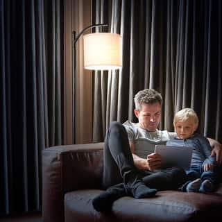 Brightech Montage 62 in. Mid-Century Modern LED Super Bright Floor Lamp with Beige Fabric Drum Shade