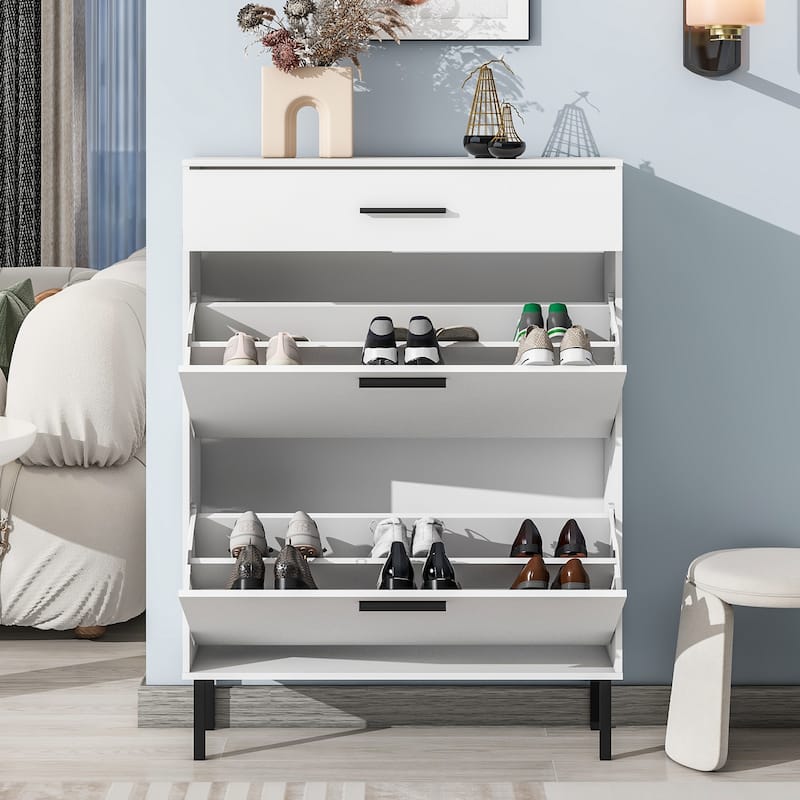 Shoe Cabinet,Freestanding Shoe Rack Storage Organizer with Drawers & Metal Legs,Shoe Storage Cabinet with 2 Flip Drawers,White