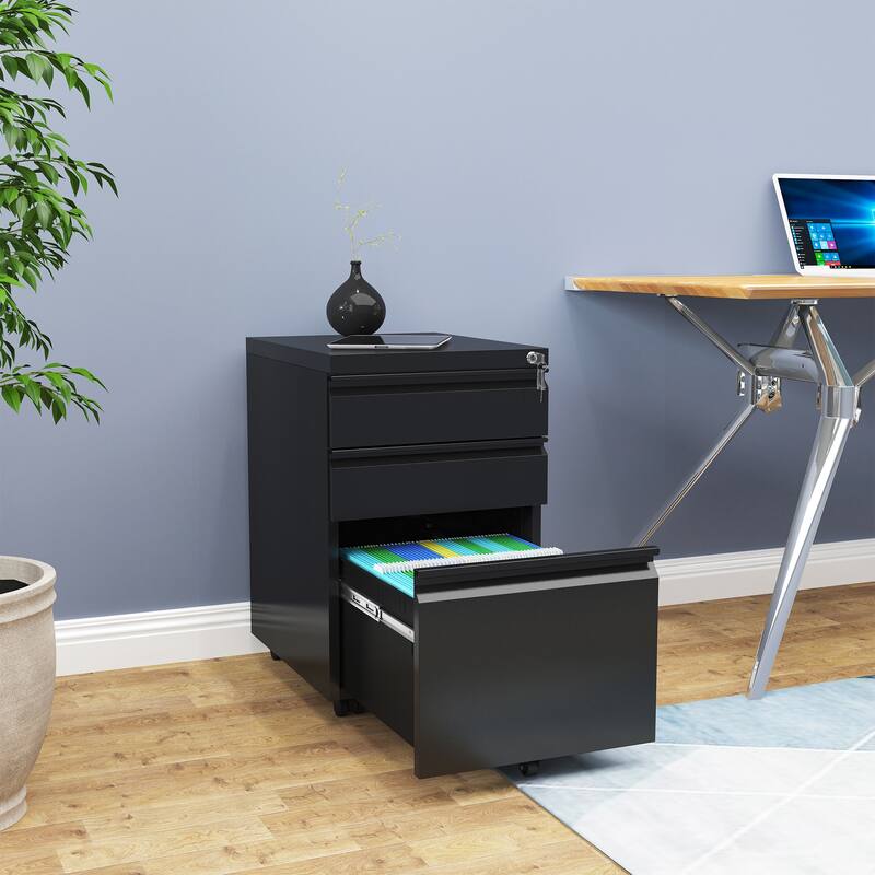 Modern 2/3-Drawer Locking Rolling Wheeled Steel File Cabinet - Black-2 - Letter