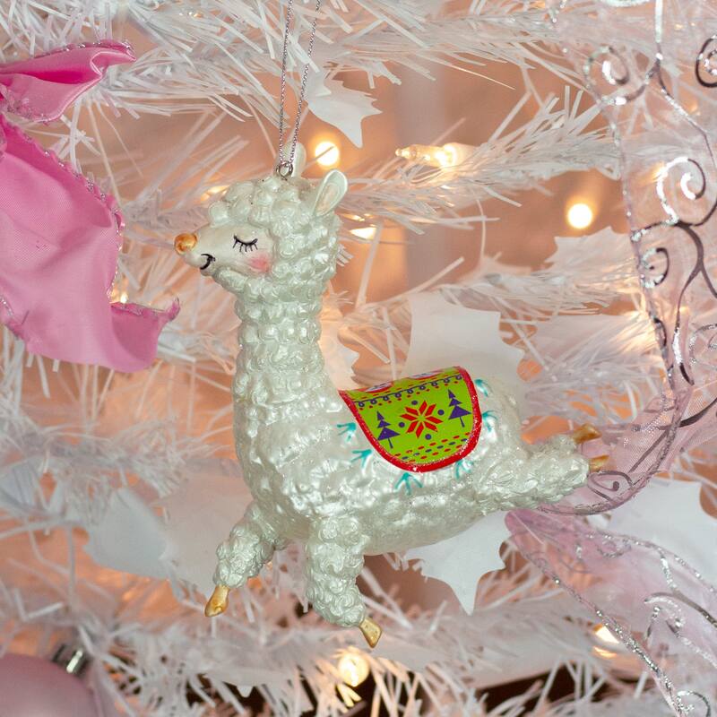 5" White and Green Glittered Jumping Llama Glass Christmas Ornament