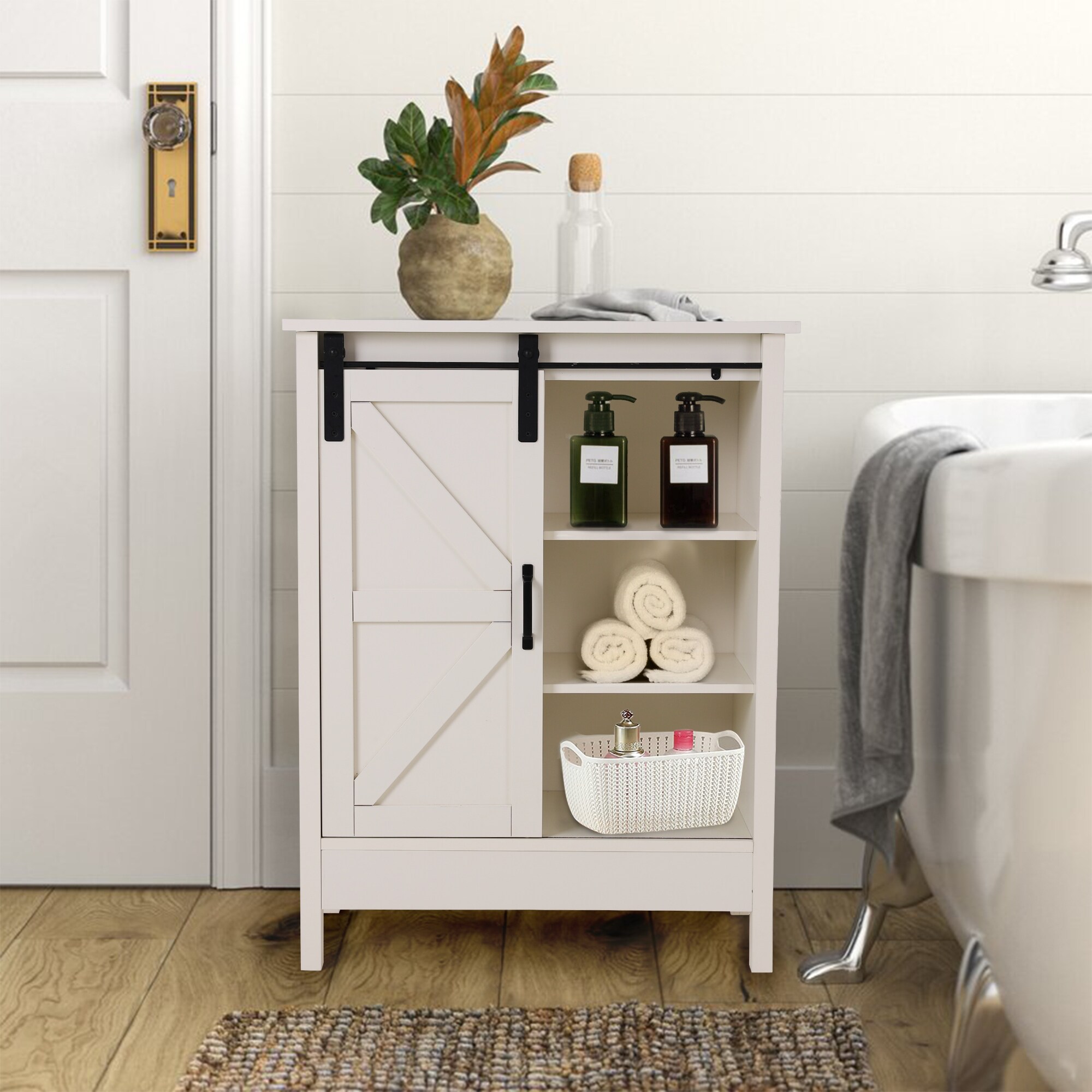 Wooden Bathroom Storage Cabinet with Sliding Barn Door and 3-level