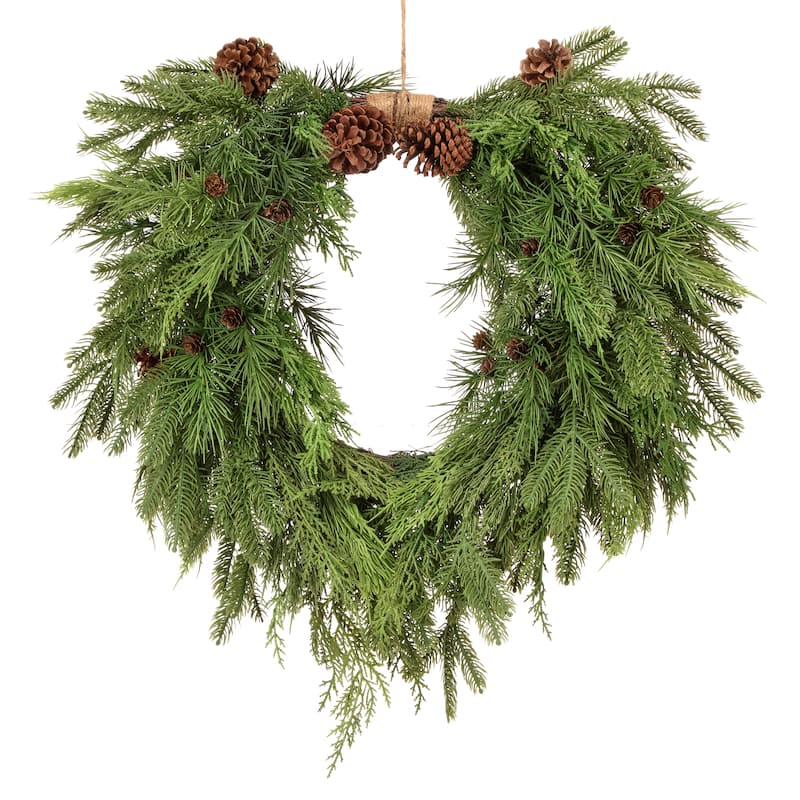 26" Natural Touch Mix Evergreen Heart Wreath - Green - 26