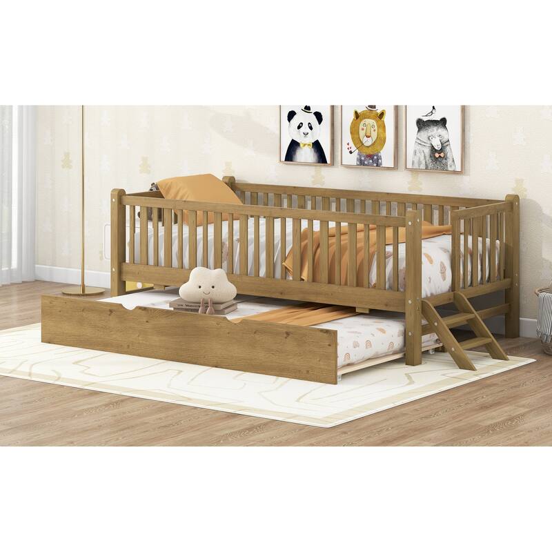 GDFStudio - Wood Twin Platform Bed with Guardrail, Trundle and Storage, Walnut