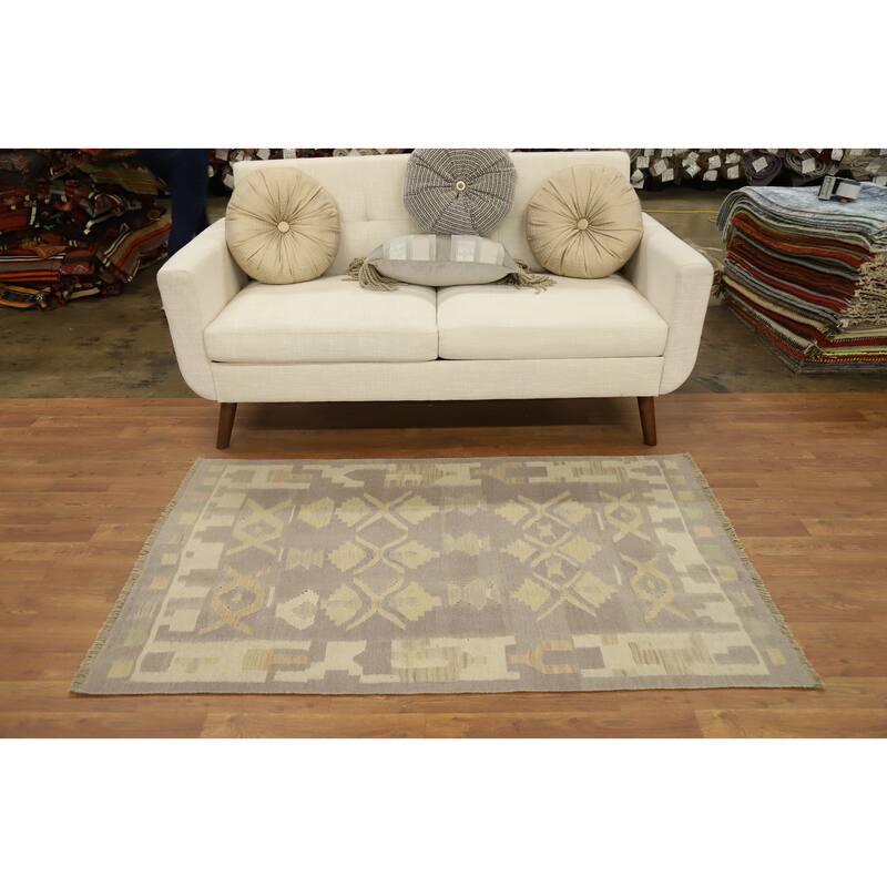 Hand Woven Oriental 100% Wool Carpet Southwestern Tribal Greys & Charcoal Kilim Area Rug - 5' 2'' X 3' 2''
