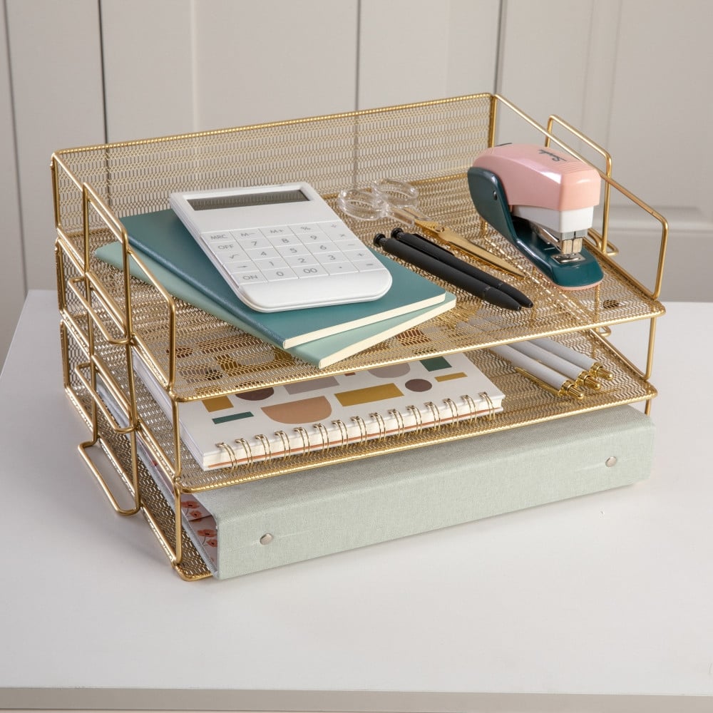 Martha Stewart Steel Mesh 3 Tier Stackable Desktop Letter Tray and File Organizer