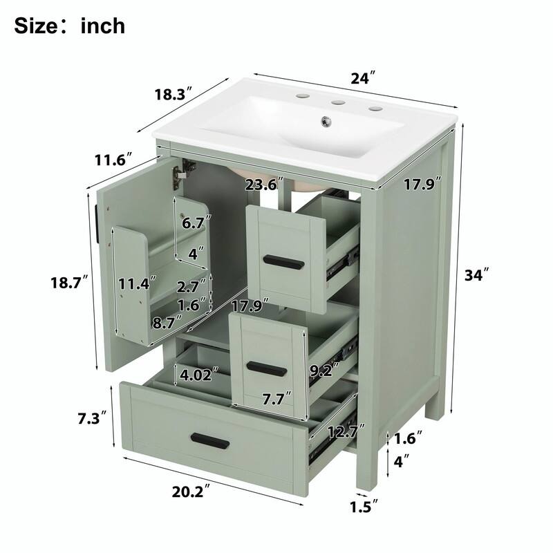 24" Modern Bathroom Vanity with Ceramic Sink, Soft-Close Door, Double-Layer Door Shelf & 3 Drawers