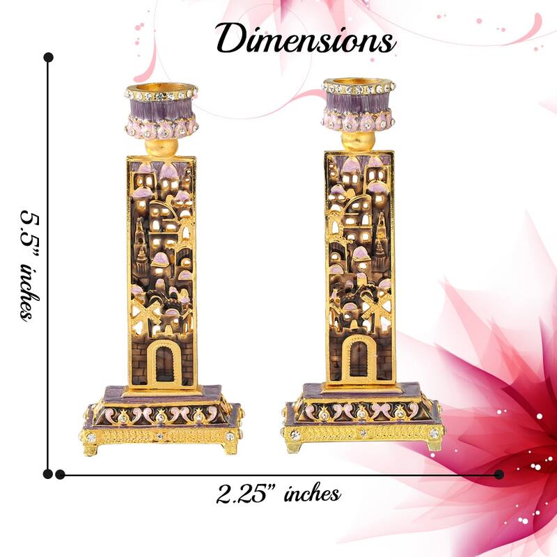 Matashi Shabbat Candlestick (2-Piece Set) Hand-Painted, Gold-Plated Pewter Adorned w/ City Wall, Personal or Religious Enjoyment