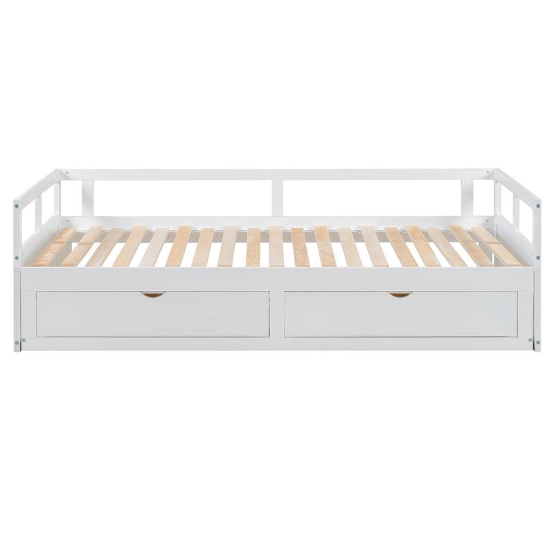 Pine Wood Daybed with Pull-Out Trundle and Two Storage Drawers, Twin to King