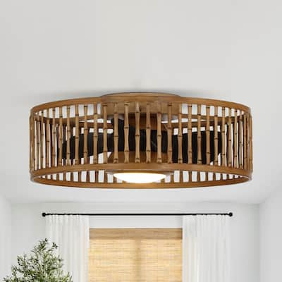 19.5" Natural Brown Faux Bamboo 6-Speed Ceiling Fan Flush Mount with Light