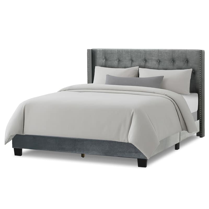 Asali Silver Grey Velvet Bed with Tufting and Nail Headed Wings - Queen
