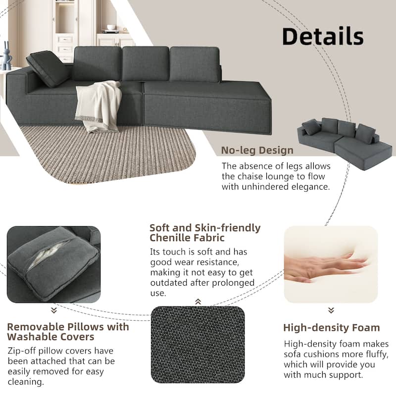 Grey 125" Modern 4-Seat Chaise Lounge Sofa for Living Room Relaxation, Indoor Sleeper