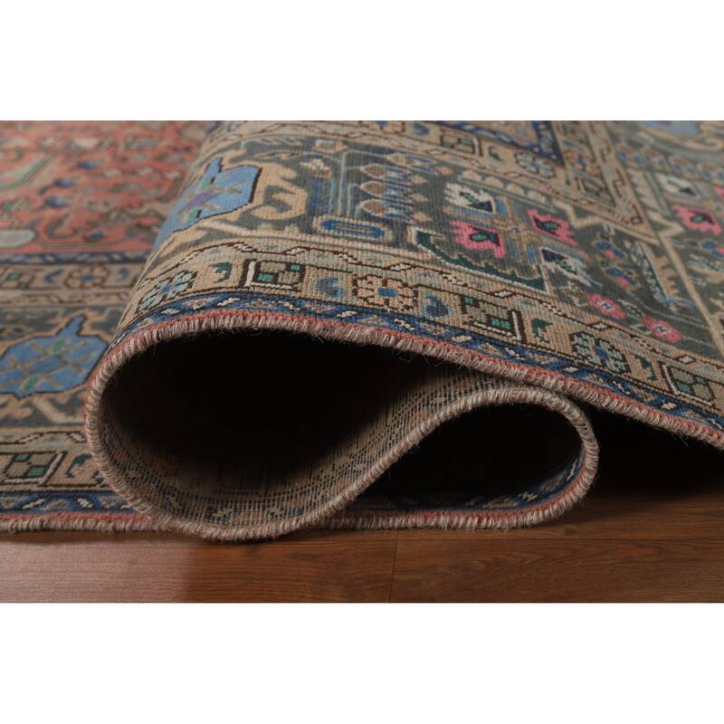 Pink Geometric Tabriz Persian Vintage Rug Hand-Knotted Wool Carpet - 9'8" x 12'11"