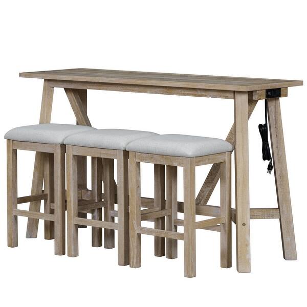 slide 2 of 22, Home Kitchen Dining Bar Table Set with 3 Padded Stools Multi-Functional Solid Wood Breakfast Nook with USB Ports & Power Strip