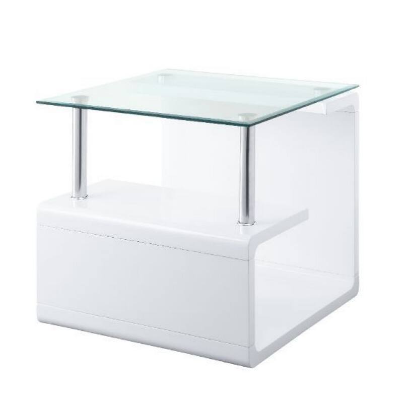 24 Inch Square Accent End Table, Glass Top, Open Shelf, White, Chrome - 24 L x 24 W x 22 H Inches