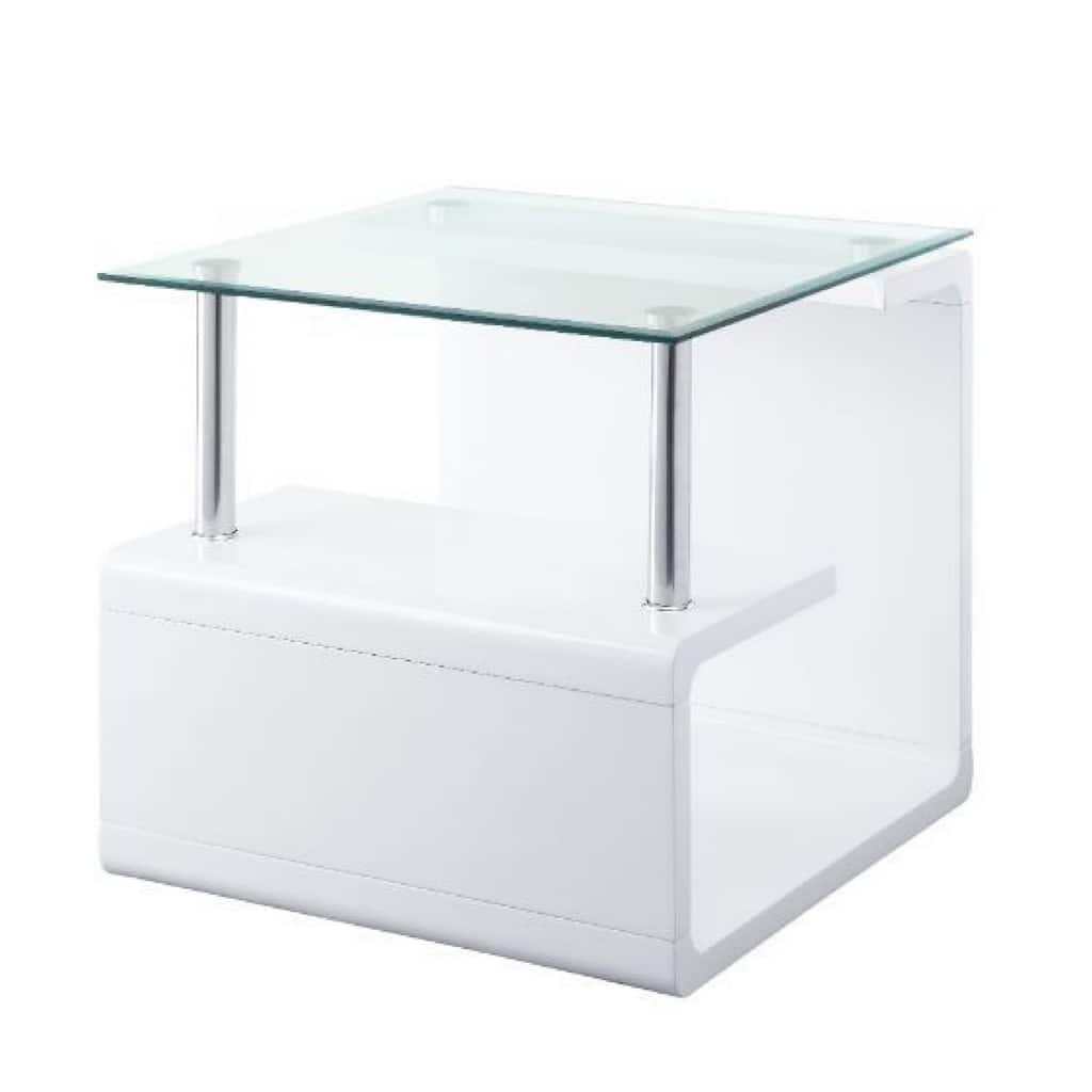 24 Inch Square Accent End Table, Glass Top, Open Shelf, White, Chrome - 24 L x 24 W x 22 H Inches