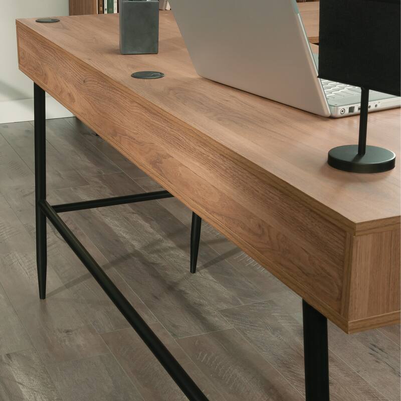 Wood L-Shaped Desk with Cord Management, Brown.