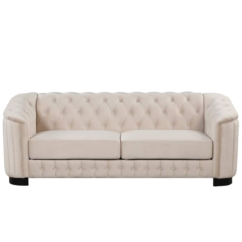 82.4" Beige Velvet 3 Seater Sofa with Rubber Wood Legs