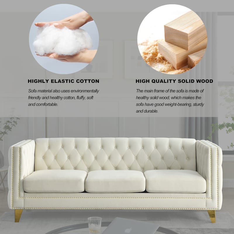 Classic Chesterfield Velvet Sofa, Tufted with Nailhead Trim, 3-Seater Couch with Metal Legs for Bedroom or Living Room