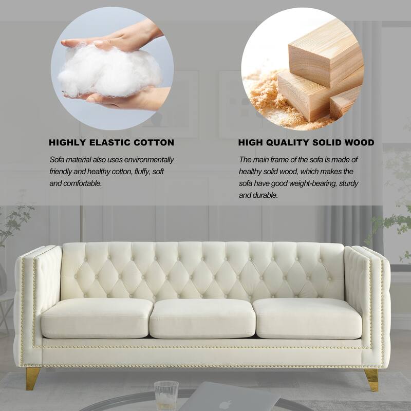 Velvet Chesterfield Sofa Set for Living Room, 3+3 Beige Sofa with Button Tufting, Square Arms, and Metal Legs