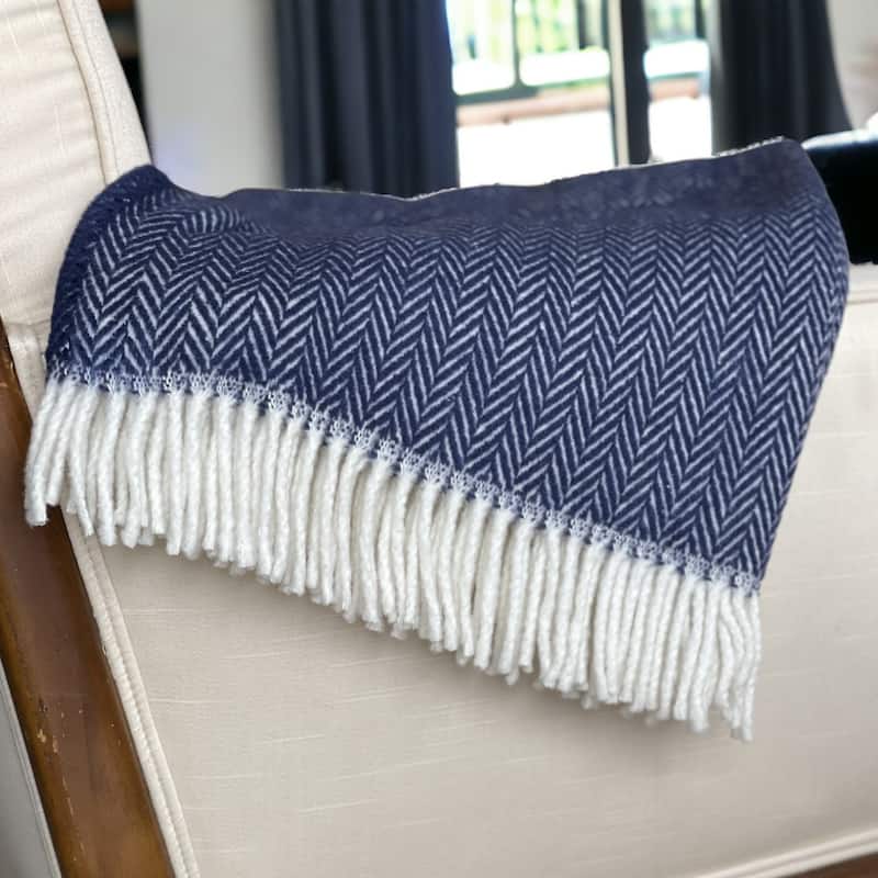 HomeRoots " X 55" Navy Blue And White Cotton Blend Woven Herringbone Plush Throw Blanket with Tassels