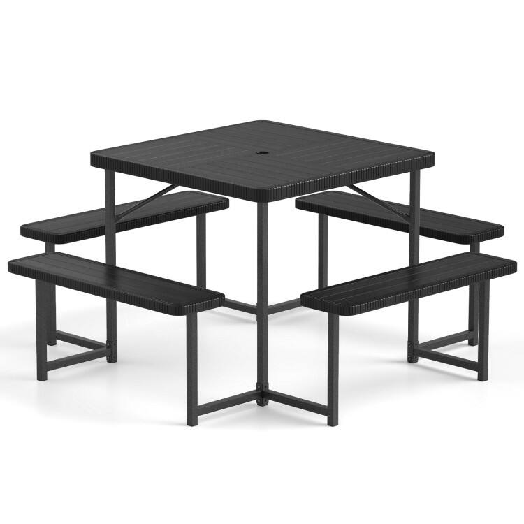 HDPE Picnic Table and Bench Set with Metal Frame Umbrella Hole - 63" x 63" x 30"