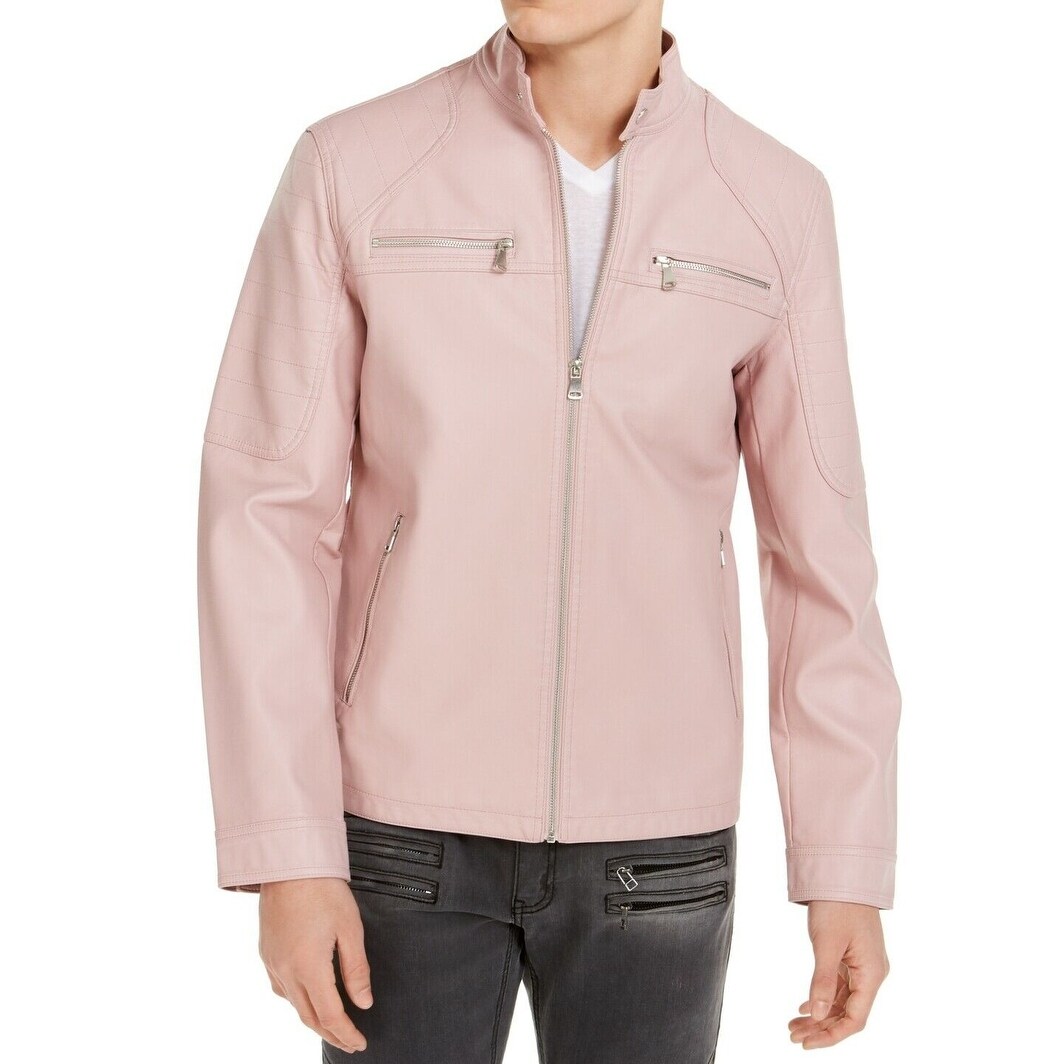 Inc Mens Racer Moto Jacket Pink Large L Washed Faux Leather Band Collar Overstock 33526973