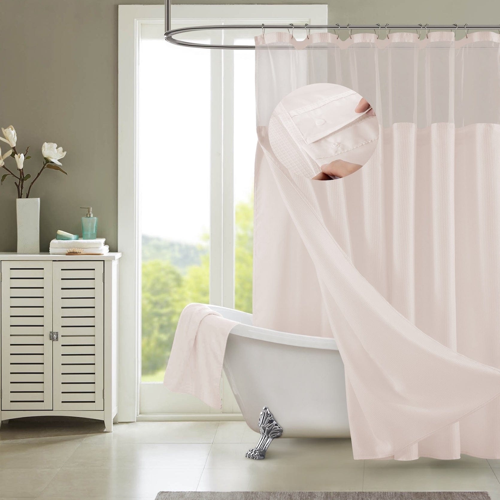 Shower with online shower curtain