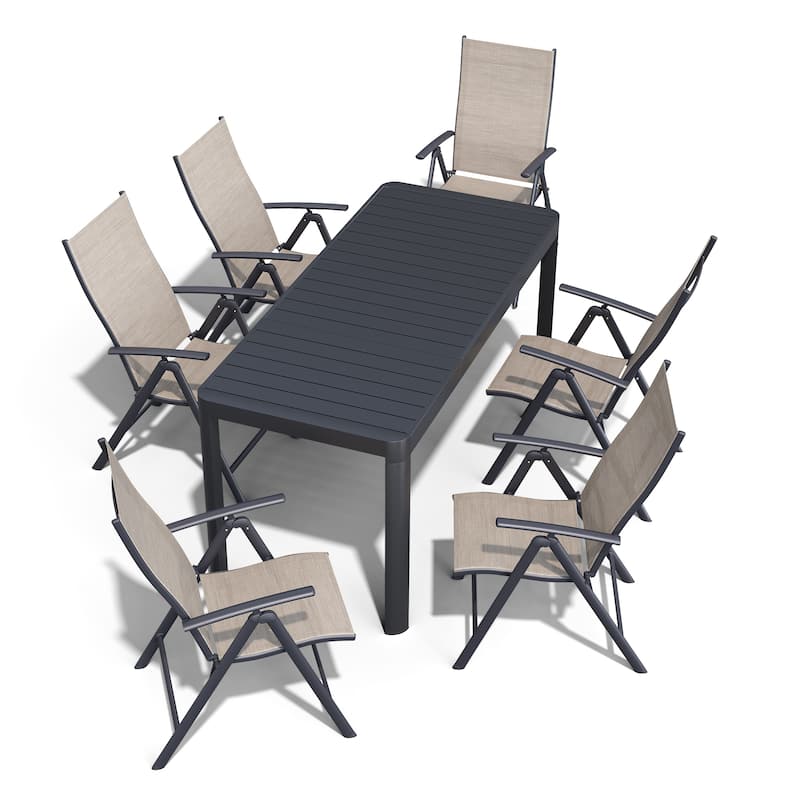Outdoor Dining Table Aluminum Extendable Table with Durable Adjustable Reclining Folding Chair - N/A - Black-Table&Espresso-Chair